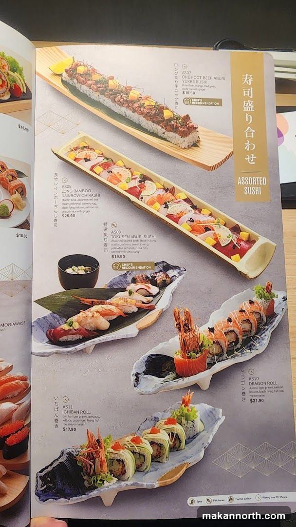 A menu page displaying various sushi dishes with descriptions and prices.