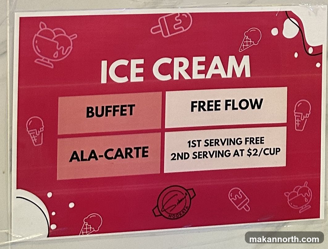 A pink sign with ice cream illustrations and text about ice cream offerings.