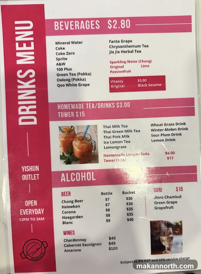 A drinks menu with sections for Beverages, Homemade Tea/Drinks, and Alcohol. It lists various beers, wines, and other drinks with prices.