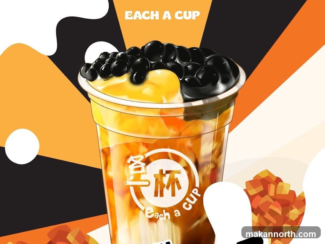 An illustration of a cup of bubble tea with black tapioca pearls and a yellow topping. The cup has a circular logo with Chinese characters and the text "Each a Cup" below it. The background is abstract with orange, black, and white shapes.