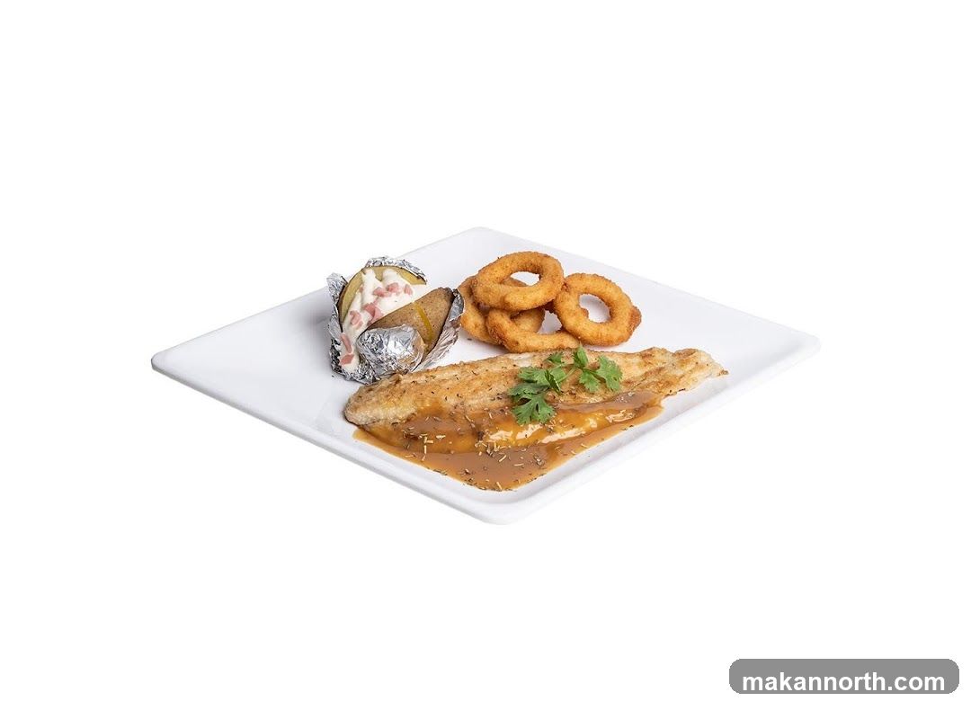 Fish with Baked Potato and Onion Rings