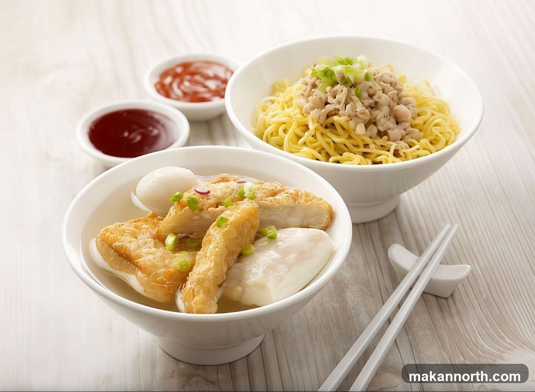 A close-up shot of two bowls of noodles and a side of dipping sauces. The bowl in the foreground contains a clear broth filled with various fish cakes, some fried and some white and soft, garnished with chopped green onions and red radish. The bowl in the background is filled with yellow noodles topped with minced meat and green onions. Two small white bowls hold red dipping sauces. A pair of white chopsticks rests on a chopstick holder on the right side of the image. The food is arranged on a light-colored wooden surface.