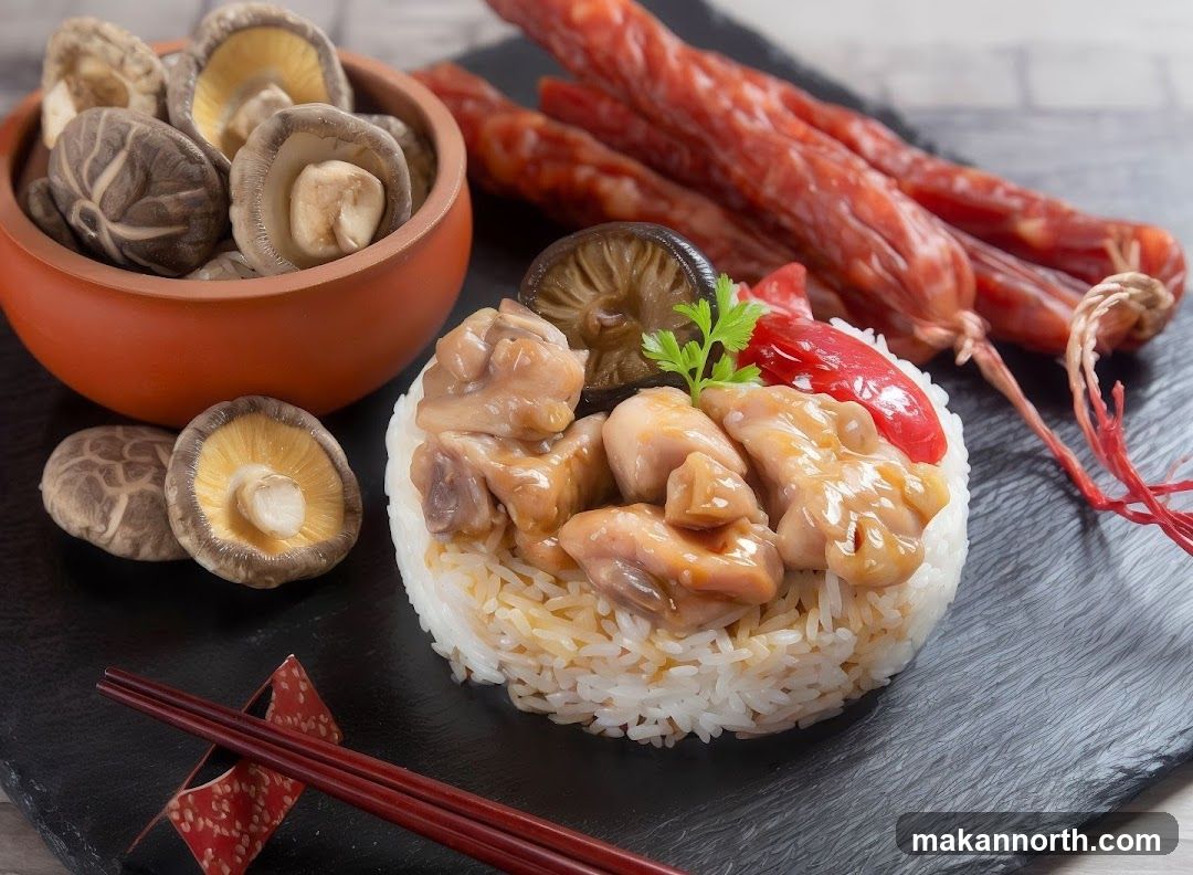 A close-up shot of a serving of white rice topped with glazed chicken pieces and mushrooms. Dried shiitake mushrooms are in a small terracotta bowl to the left, and several Chinese sausages are arranged in the background. A sprig of parsley garnishes the chicken. Chopsticks rest on a decorative chopstick holder in the foreground.