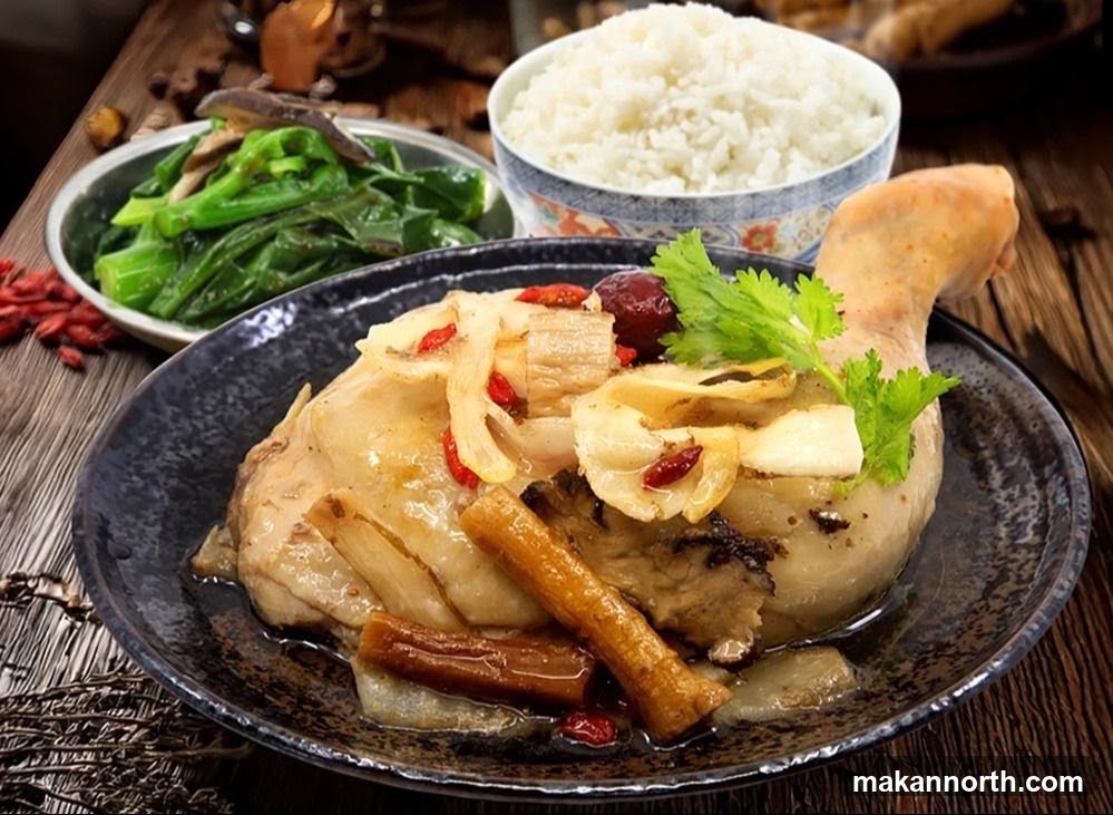 A close-up shot of a braised chicken leg served on a dark plate, garnished with herbs, goji berries, and what appear to be slices of ginger and root vegetables. Beside it, a bowl of steamed white rice and a smaller bowl of cooked green vegetables are visible. The food is arranged on a rustic wooden surface.