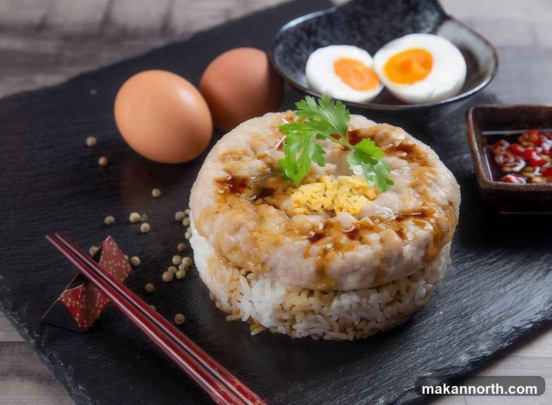 A close-up shot of a dish featuring steamed white rice topped with a savory mixture, possibly minced meat or fish, and garnished with cilantro and shredded egg. Two whole brown eggs and two halves of a hard-boiled egg are placed on the side, along with a small dish of dipping sauce containing chili and herbs. White peppercorns are scattered around the plate, and chopsticks rest on a decorative chopstick holder.