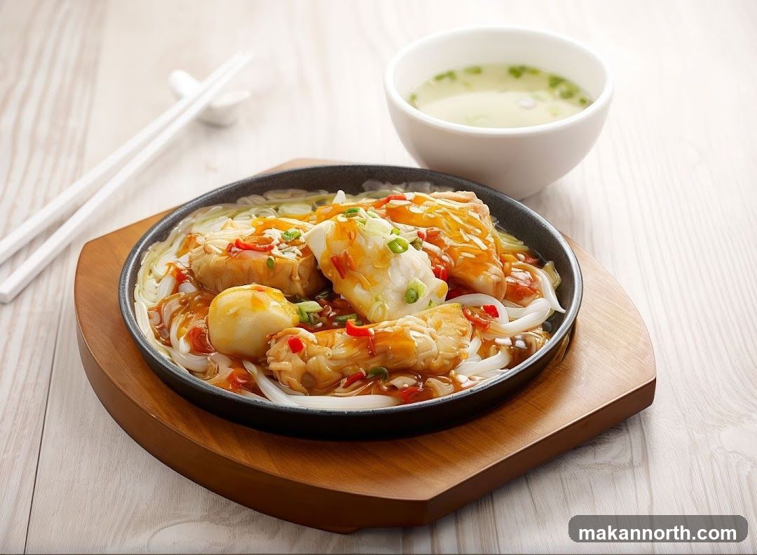 A close-up shot of a sizzling dish featuring pieces of fish and meatballs served over noodles in a dark pan, drizzled with a glossy sauce and garnished with chopped scallions and chili flakes. A small white bowl of clear soup with green onions is placed to the side. White chopsticks rest on a chopstick holder in the background. The dish is presented on a wooden base on a light-colored, wood-grain surface.