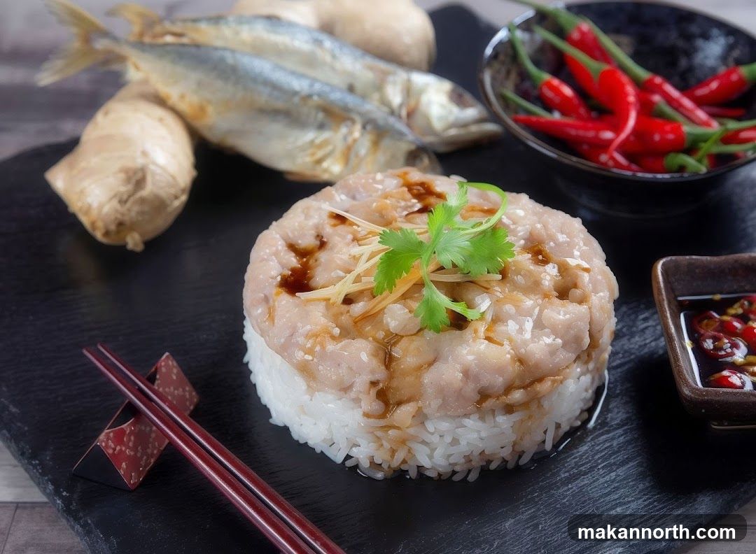 A close-up shot of a dish featuring a mound of white rice topped with a savory mixture of minced pork and seasonings, garnished with julienned ginger and cilantro. Two whole fried fish are placed behind the rice mound, alongside a piece of ginger. A small bowl of red chilies and a dipping sauce are also visible. Chopsticks rest on a dark slate plate.