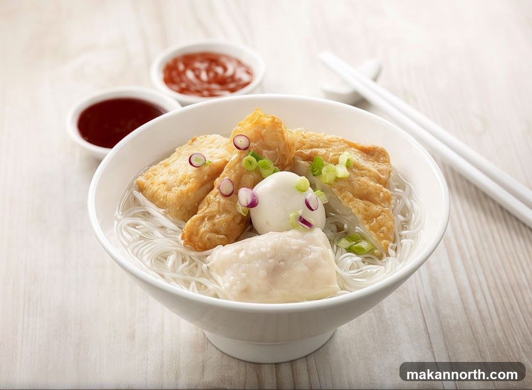 A bowl of white rice noodles in broth, topped with fish cakes, a fish ball, and a piece of fish paste. Garnished with chopped scallions and thinly sliced red onions. Two small dipping sauce bowls are visible in the background, one with a dark sauce and the other with a reddish sauce. White chopsticks rest on the side.