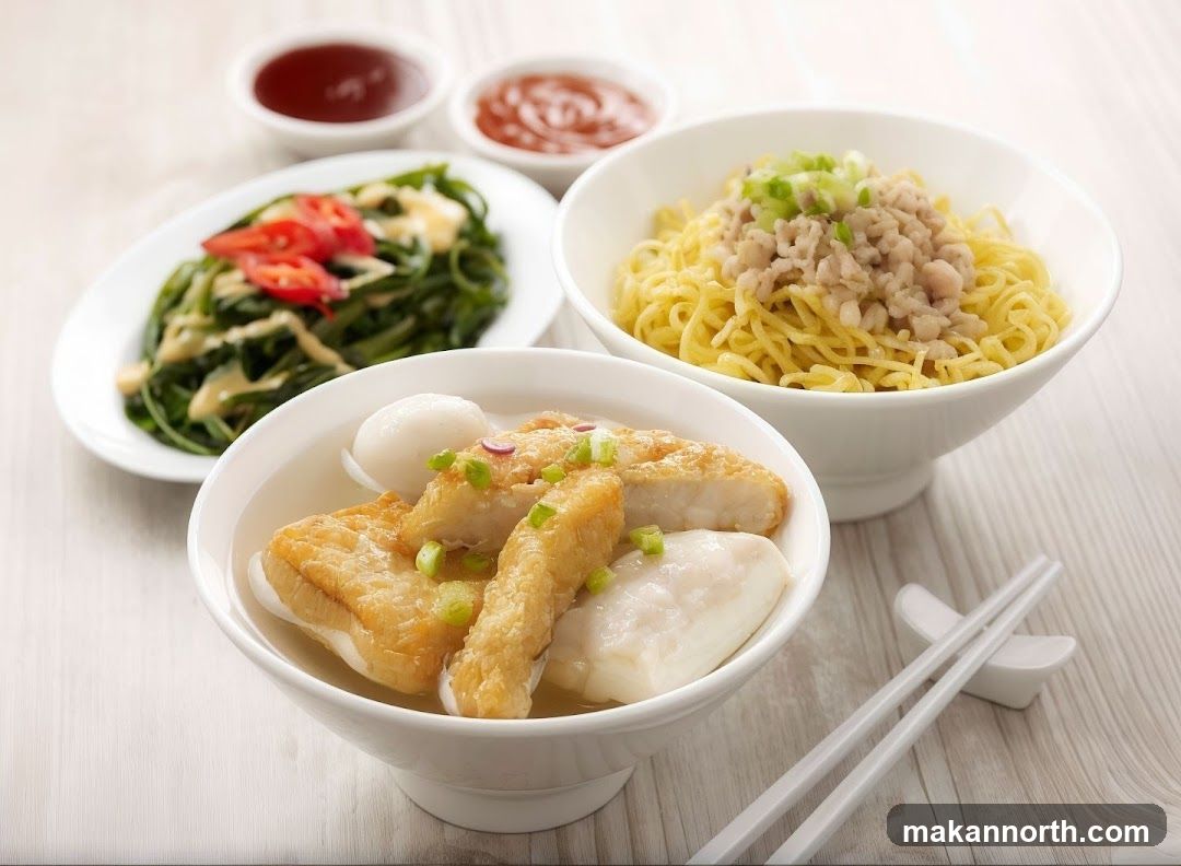A close-up shot of a meal featuring a bowl of noodles topped with minced meat and chopped scallions, a bowl of fish cakes and fried fish pieces in broth, a plate of stir-fried greens with chili slices, and two small bowls of dipping sauces. Chopsticks rest on a chopstick holder.