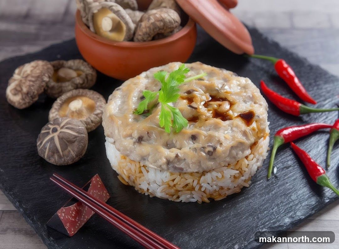 A close-up shot of a dish featuring steamed white rice topped with a savory mixture of minced mushrooms and other ingredients, drizzled with a dark sauce. The dish is garnished with fresh cilantro. Surrounding the dish are dried shiitake mushrooms in a clay pot, fresh red chilies, and a pair of chopsticks resting on a chopstick holder. The food is presented on a dark slate plate.