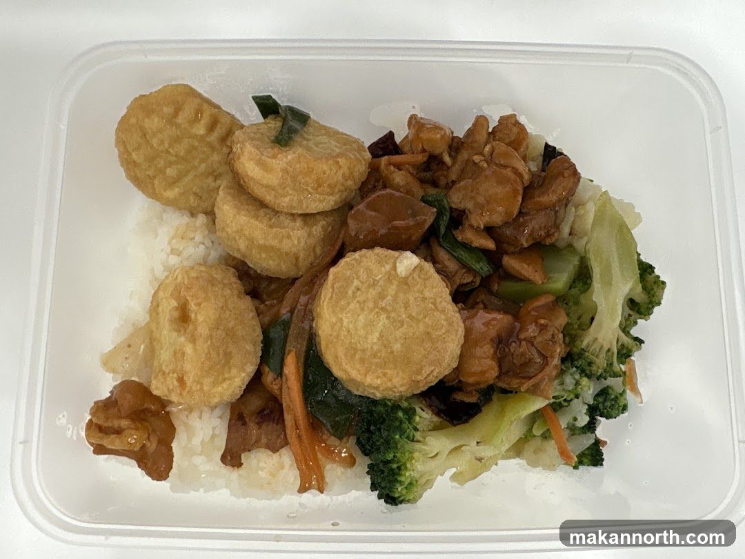 Takeout Meal with Rice, Tofu, Chicken, and Vegetables