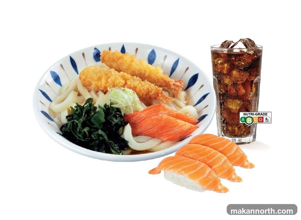 Udon Noodles with Tempura and Salmon Nigiri