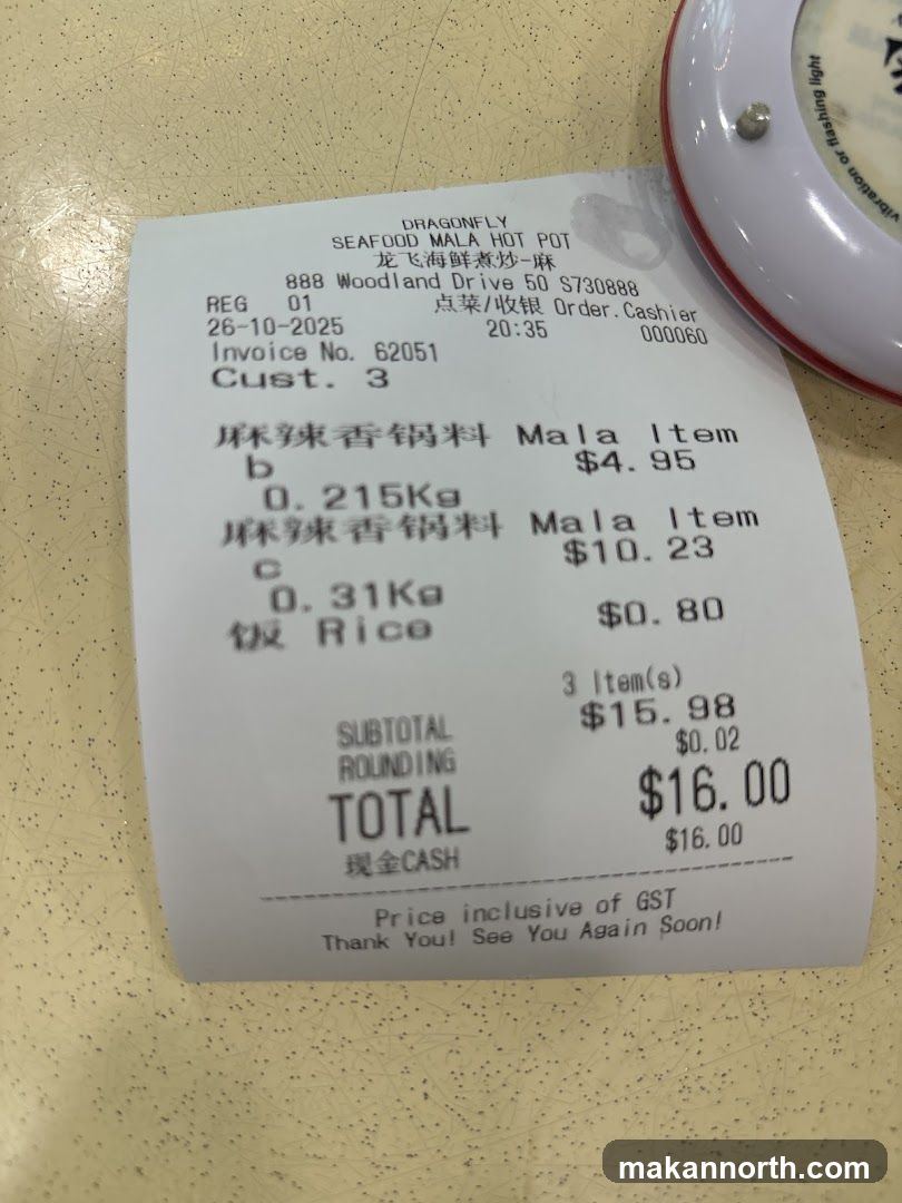 Receipt from Dragonfly Seafood Mala Hot Pot