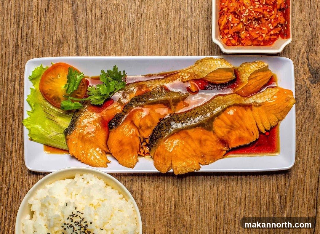 Salmon Teriyaki with Rice and Kimchi