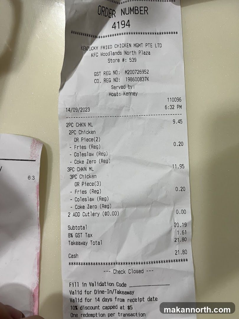 KFC Woodlands North Plaza Receipt