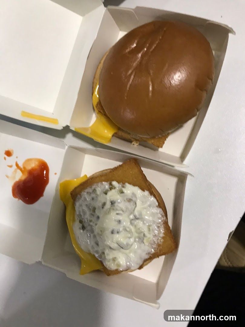 Two fast-food sandwiches and ketchup