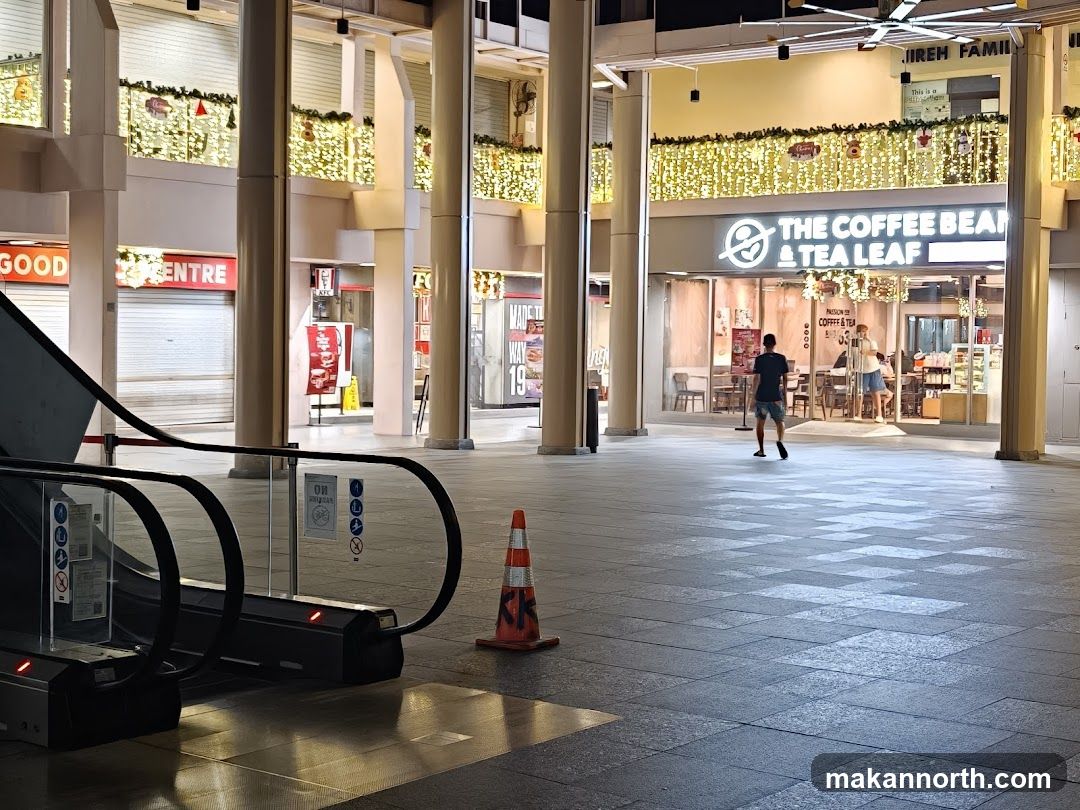 Outdoor walkway with shops and escalators