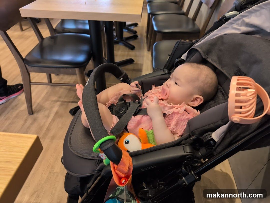 Baby in a stroller at a cafe