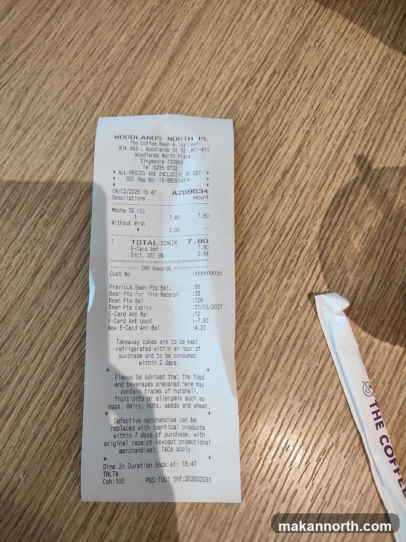 The Coffee Bean & Tea Leaf Receipt