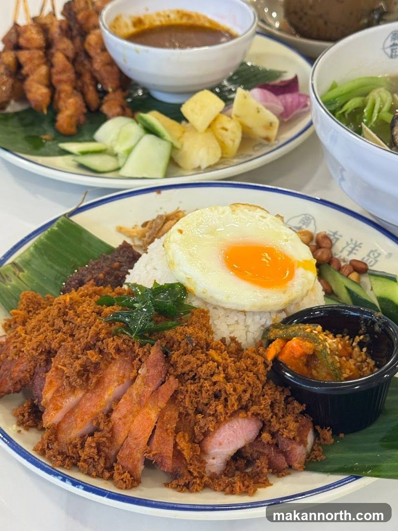 Nasi Lemak with Fried Pork and Satay