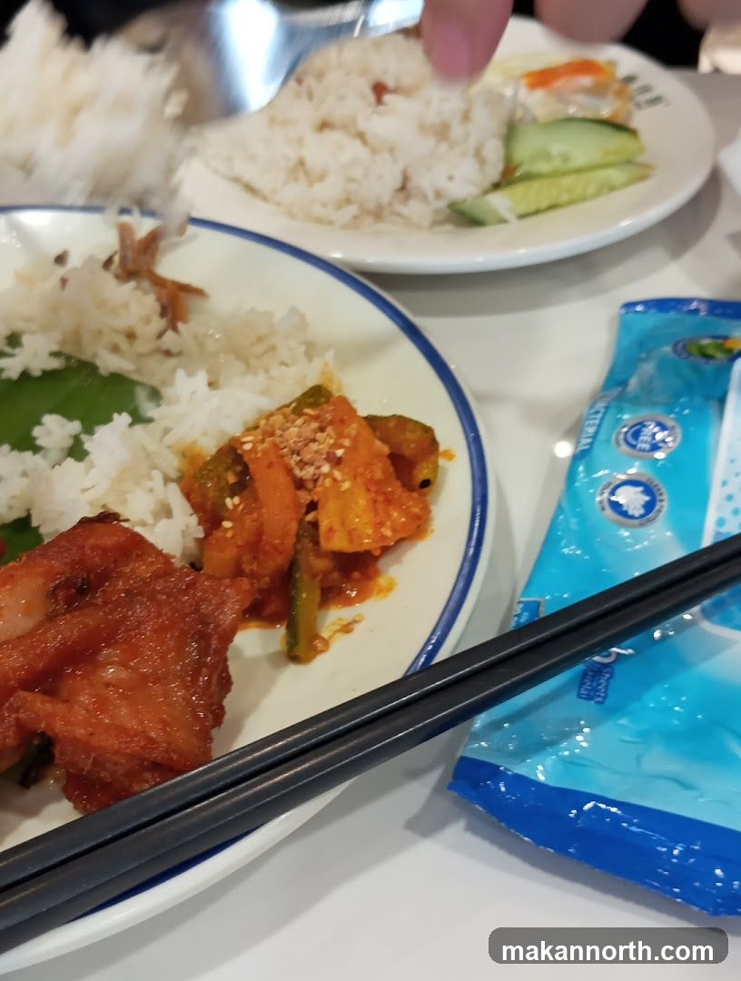 Close-up of a meal with rice and fried chicken
