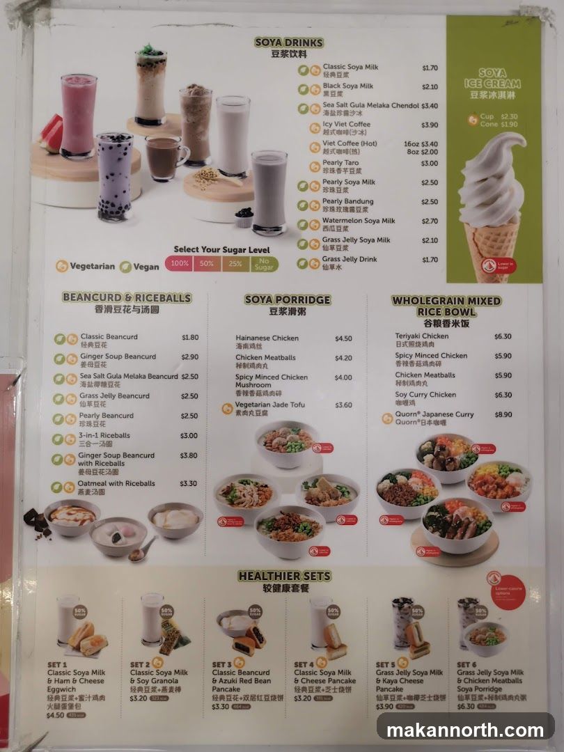 Soya Drinks, Beancurd & Riceballs, Soya Porridge, Wholegrain Mixed Rice Bowl, Healthier Sets