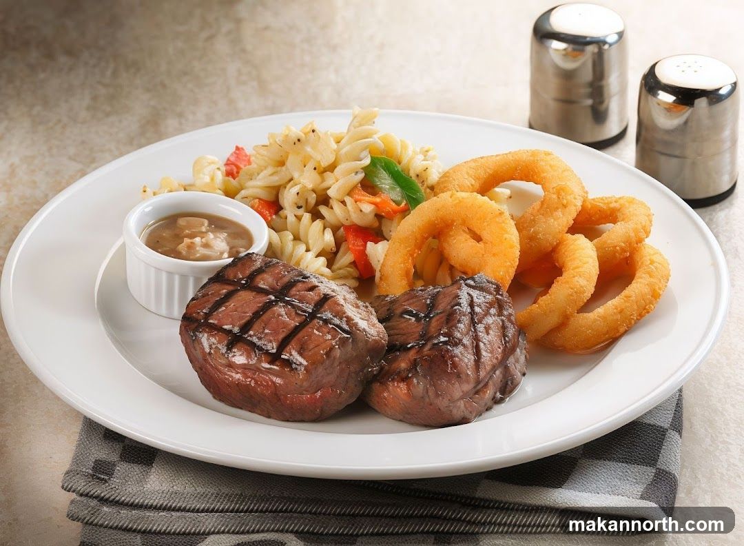 Steak Dinner with Pasta and Onion Rings