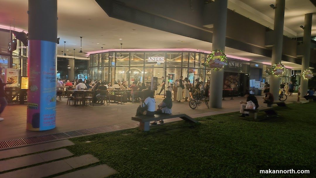 Outdoor dining area at night