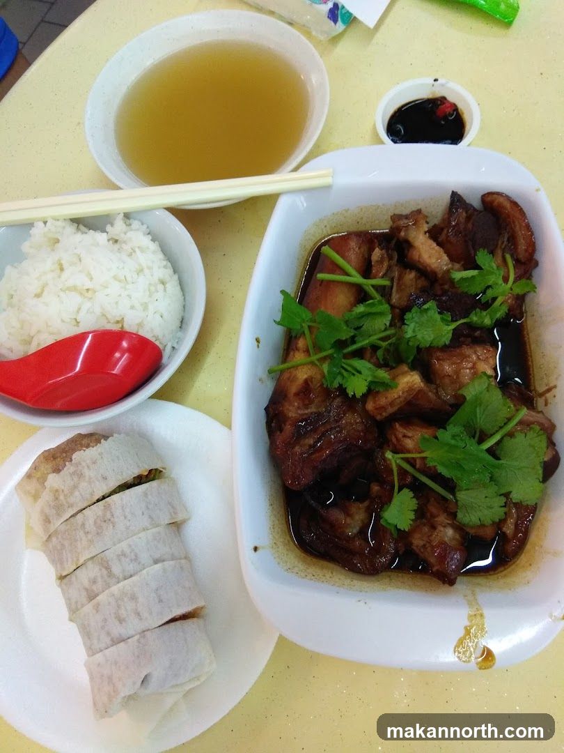 Braised Pork Belly with Rice and Spring Rolls