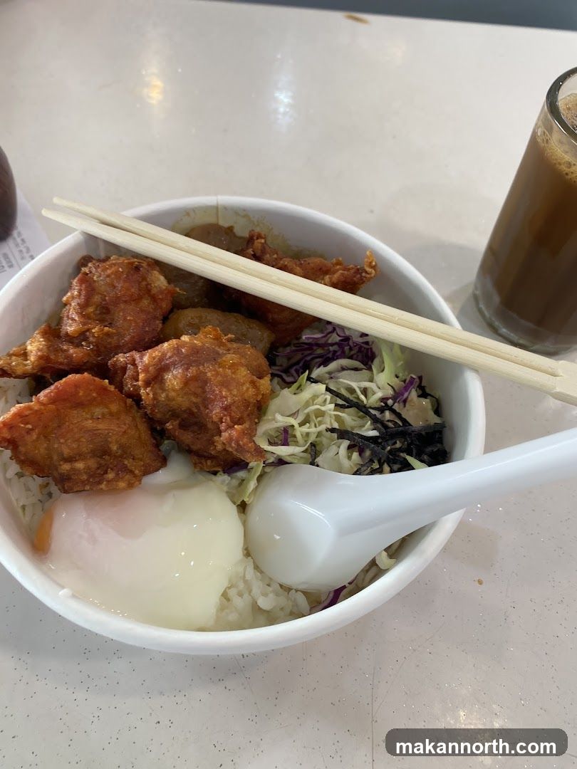 Fried Chicken Rice Bowl with Egg and Drink