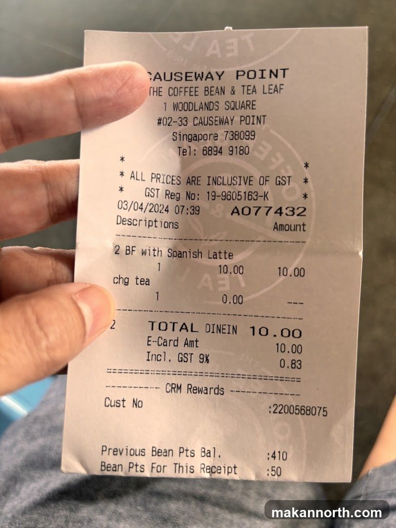 The Coffee Bean & Tea Leaf Receipt