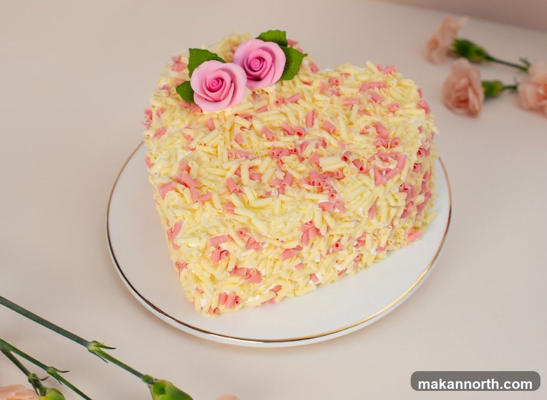 Heart-shaped cake with white chocolate shavings and pink accents
