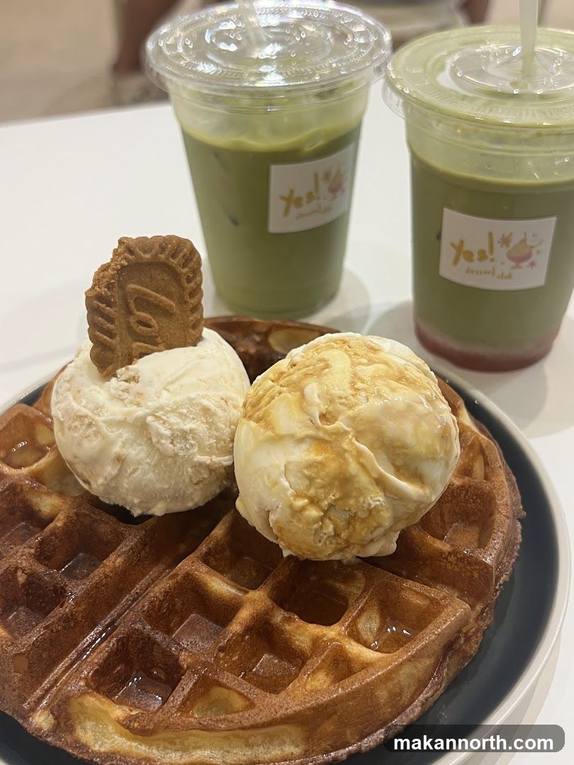 Waffle with Ice Cream and Matcha Drinks