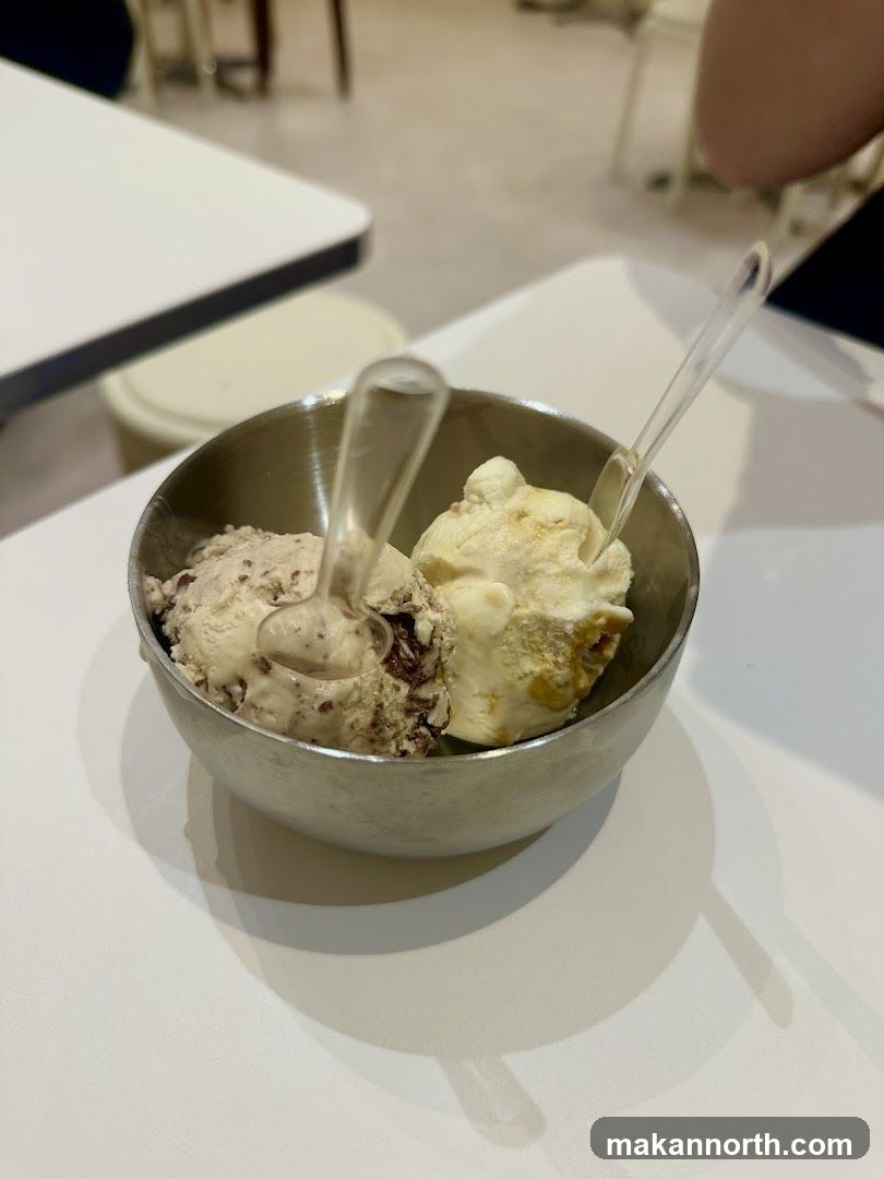 Two scoops of ice cream in a metal bowl