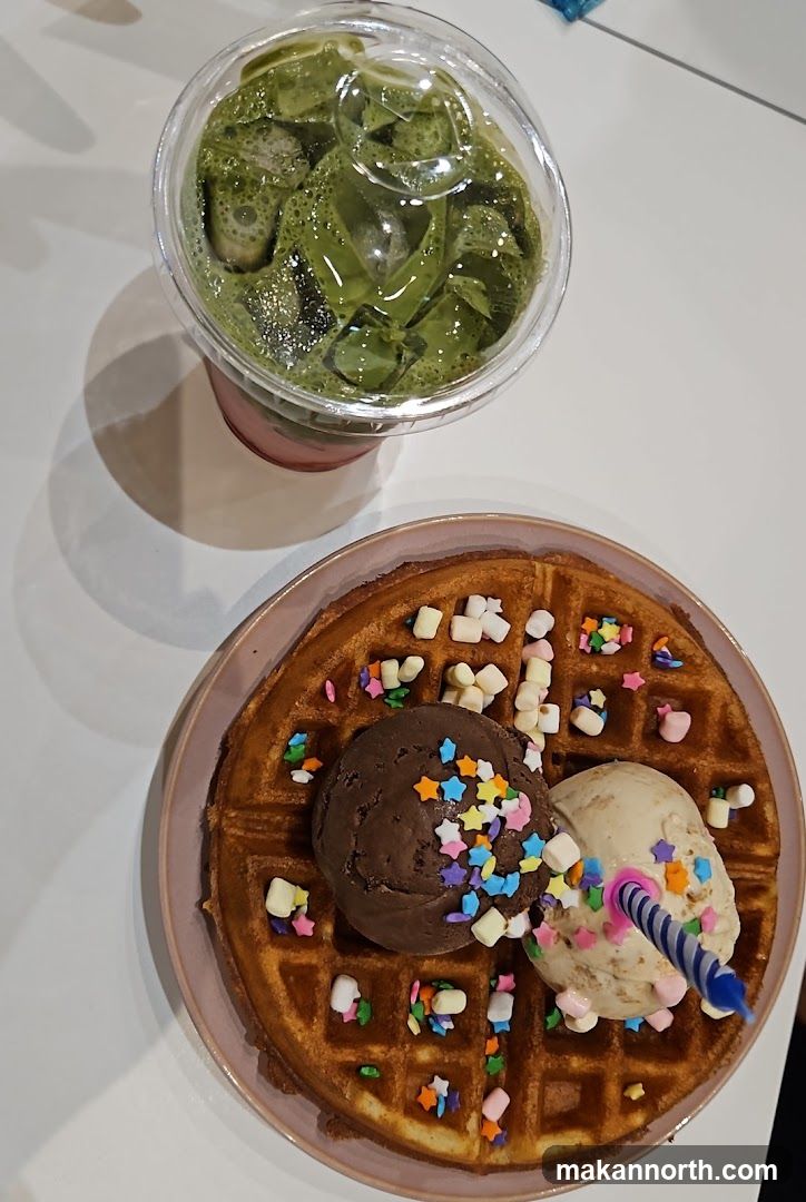 Waffle with Ice Cream and Matcha Drink