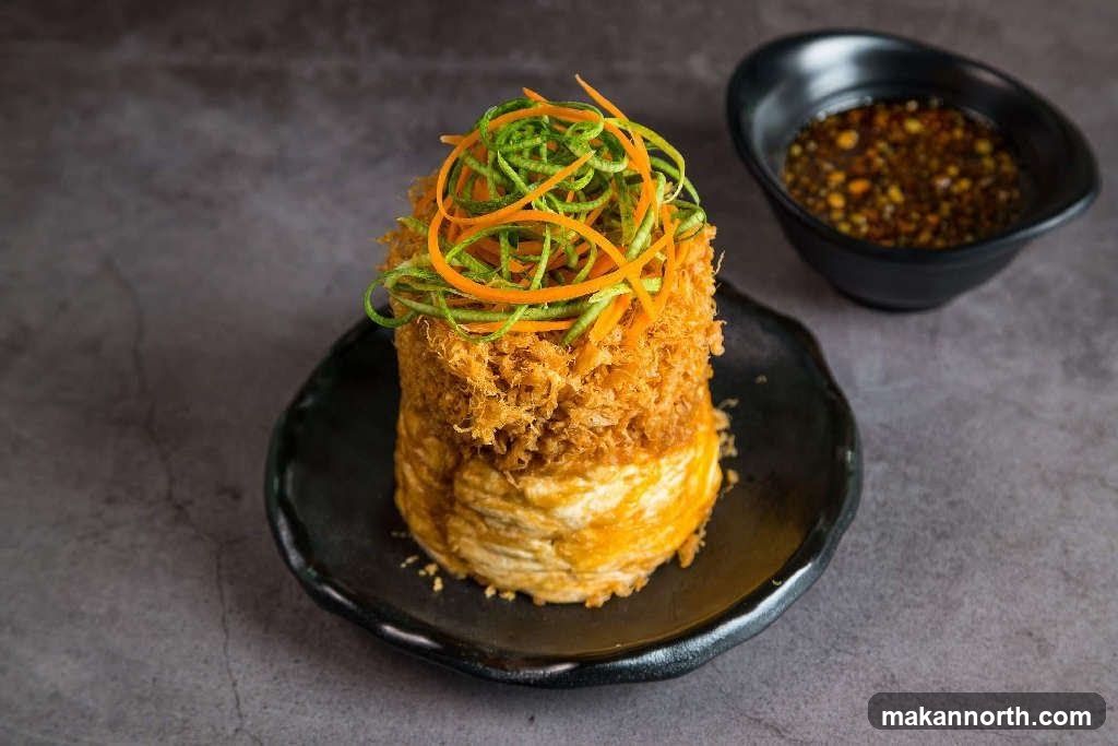 Crispy Fried Dish with Shredded Toppings and Dipping Sauce