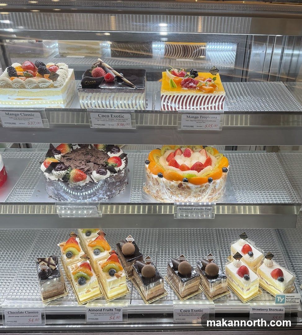 Cakes in a display case