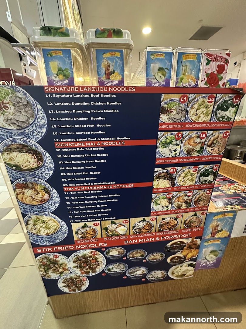 Signature Lanzhou Noodles, Signature Mala Noodles, Tom Yum Freshmade Noodles, Stir Fried Noodles, Ban Mian & Porridge