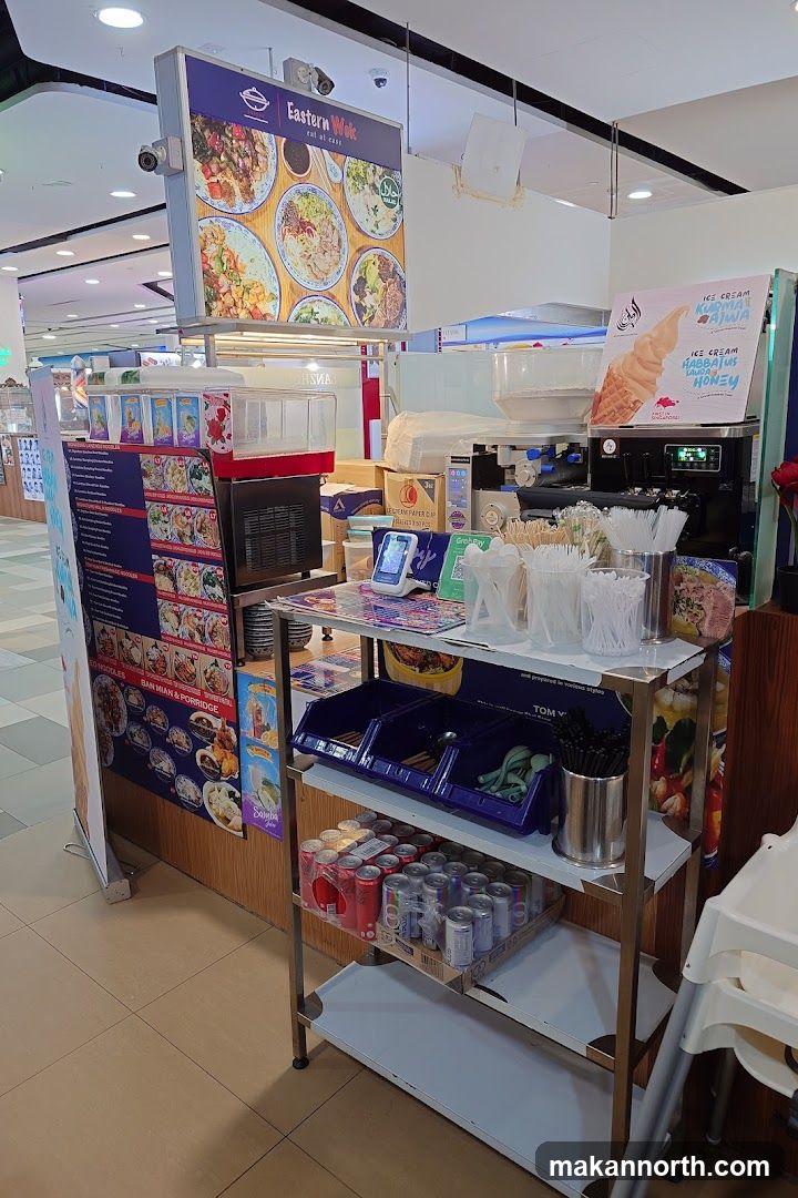 Food stall with menu and ice cream machine