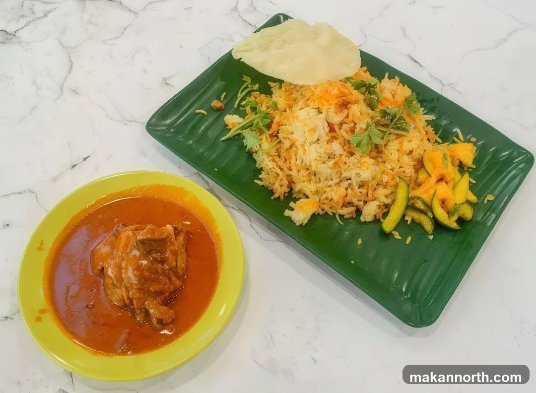 Biryani with Curry and Pickles