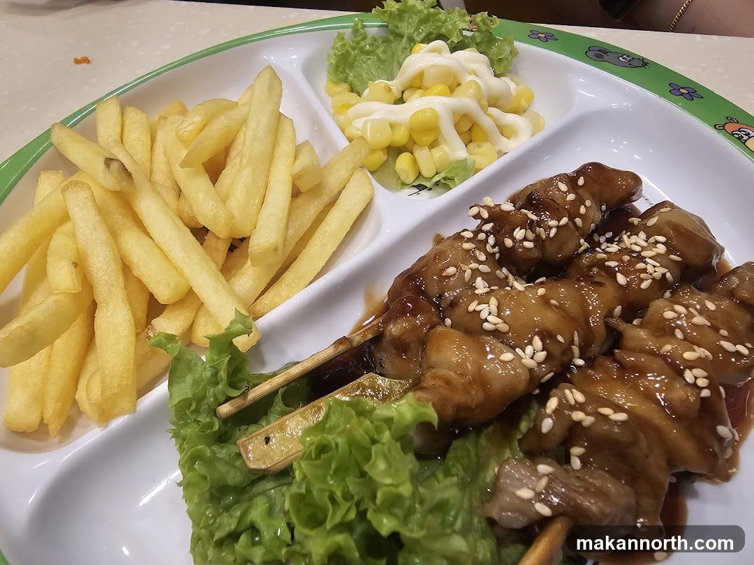 Chicken Skewers with Fries and Corn Salad
