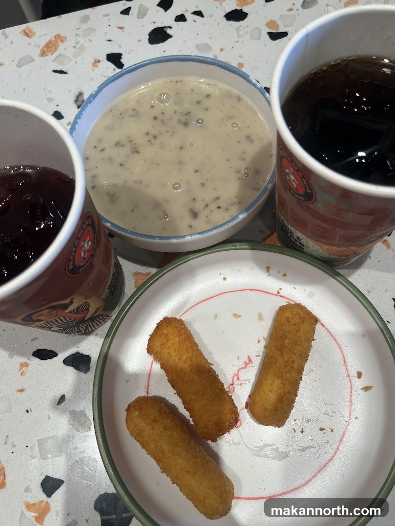 Fried Mozzarella Sticks with Soup and Drinks