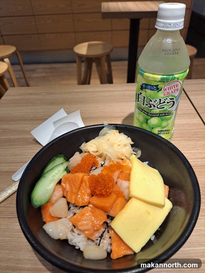 Sashimi Rice Bowl and White Grape Drink