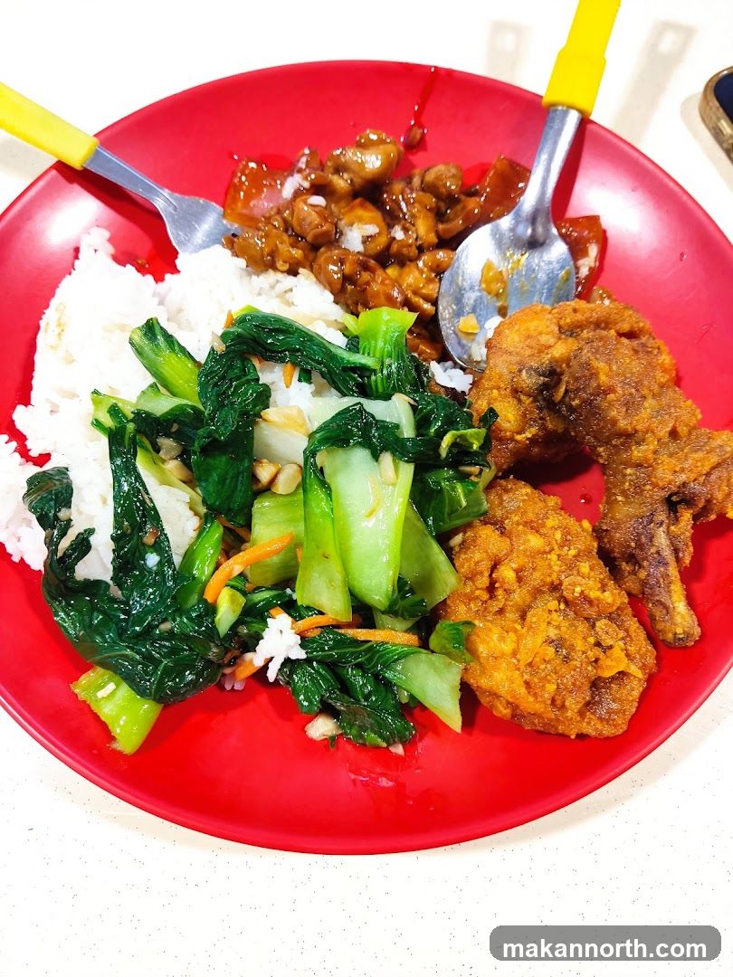 Rice Plate with Stir-fried Vegetables and Fried Chicken