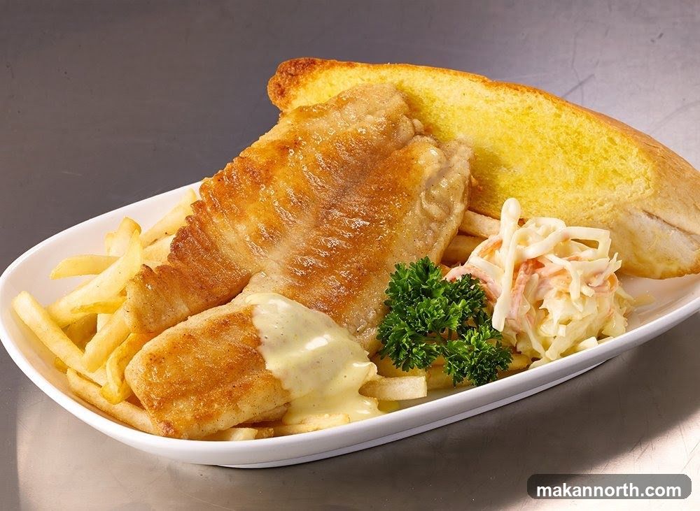 Fish and Chips with Coleslaw and Garlic Bread