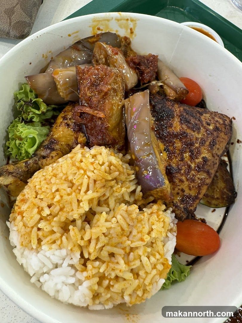 Rice bowl with chicken and eggplant