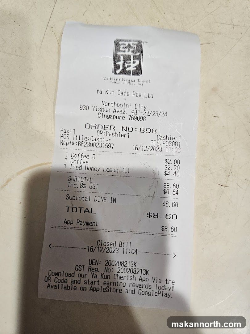 Receipt from Ya Kun Cafe