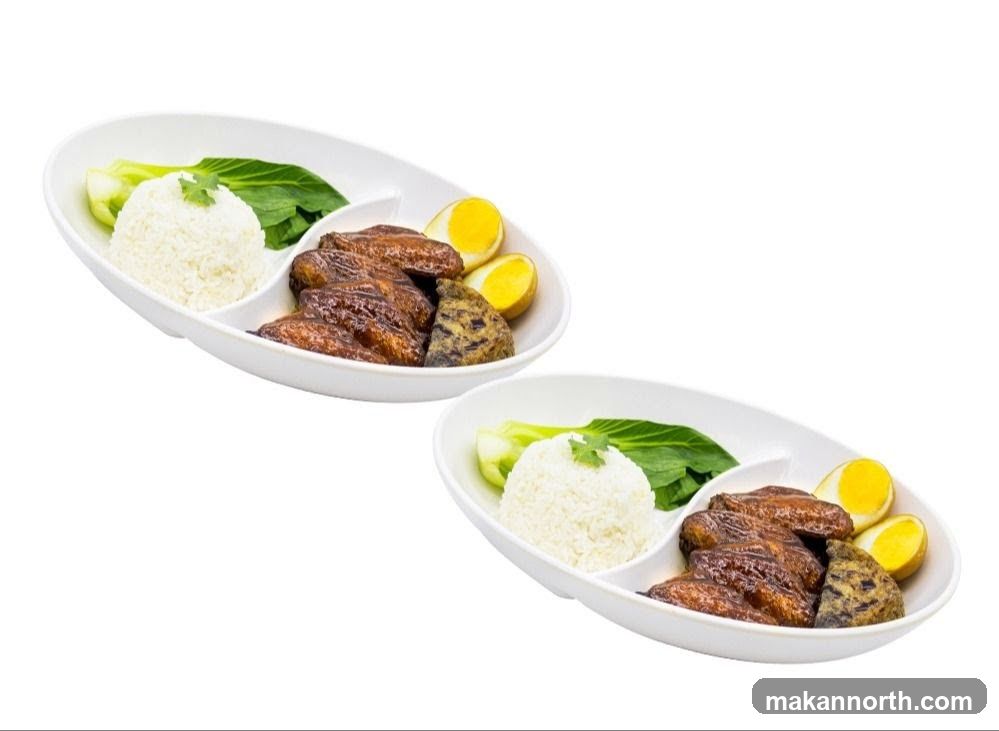 Two plates of braised chicken wings with rice and vegetables