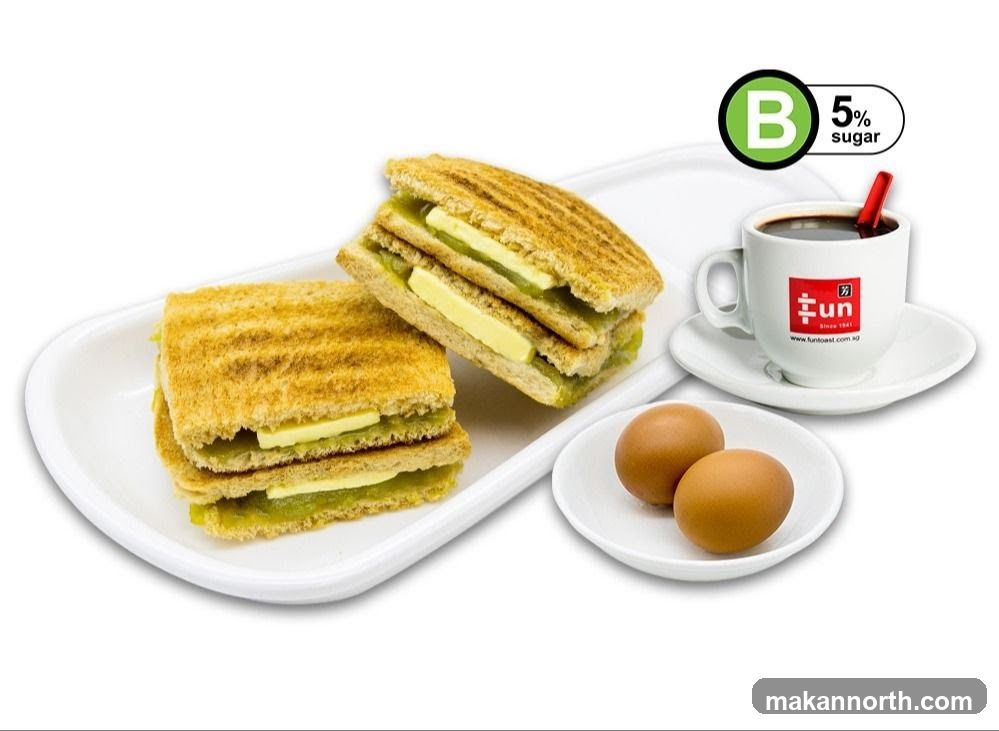 Toast with Butter and Kaya, Coffee, and Eggs