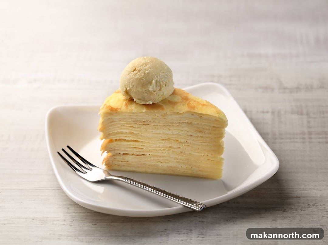 Crepe Cake Slice with Ice Cream
